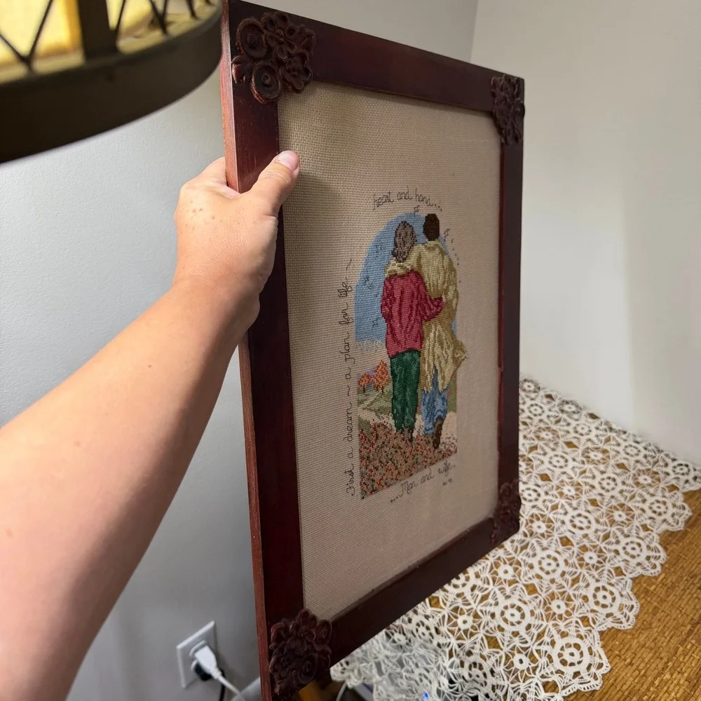 Vintage 1995 Framed Cross Stitch Wedding Sampler Heart & Hand Ornate Frame